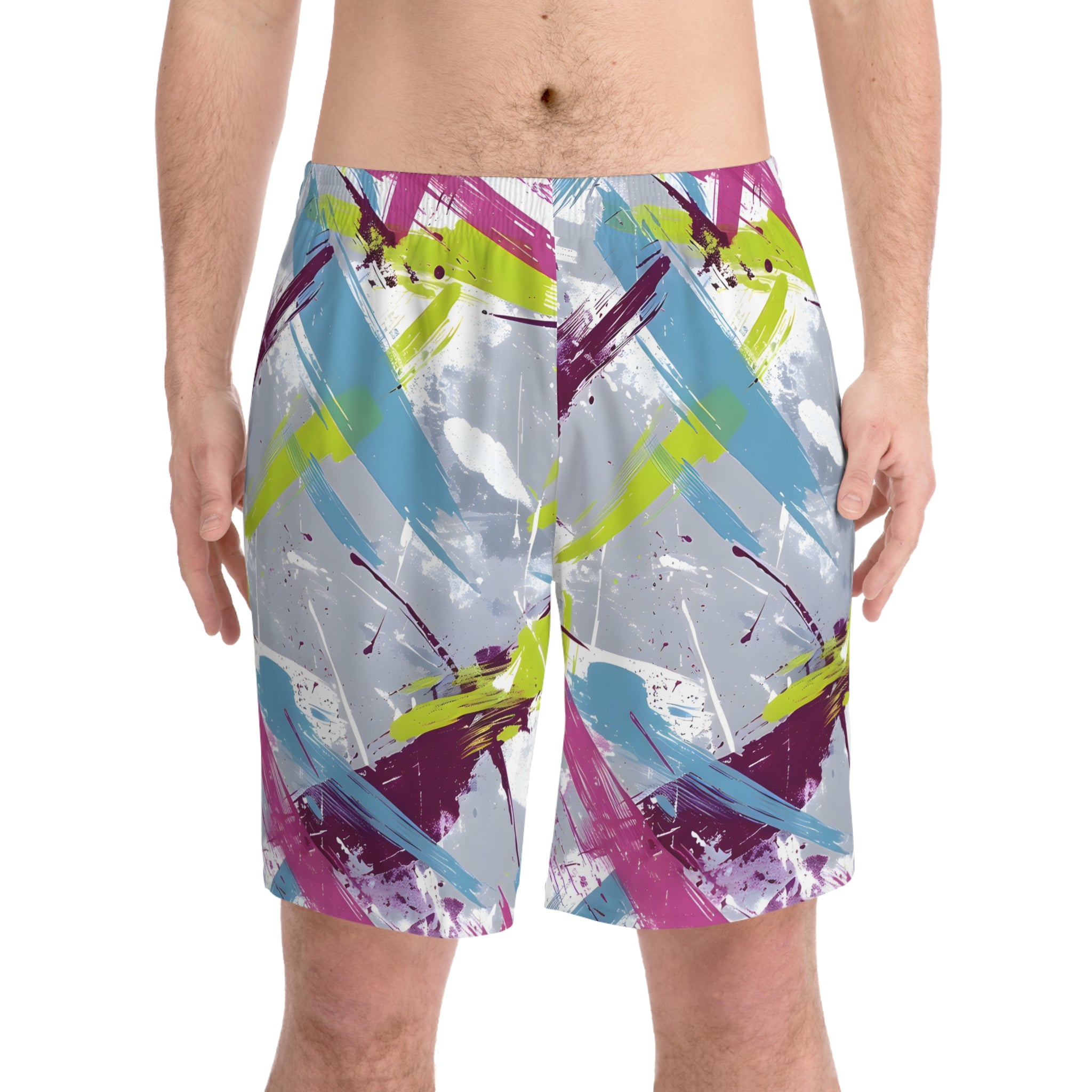 Beach Shorts - Men's Sky Lime Crimson Swim Beach Shorts - Acid Daddy