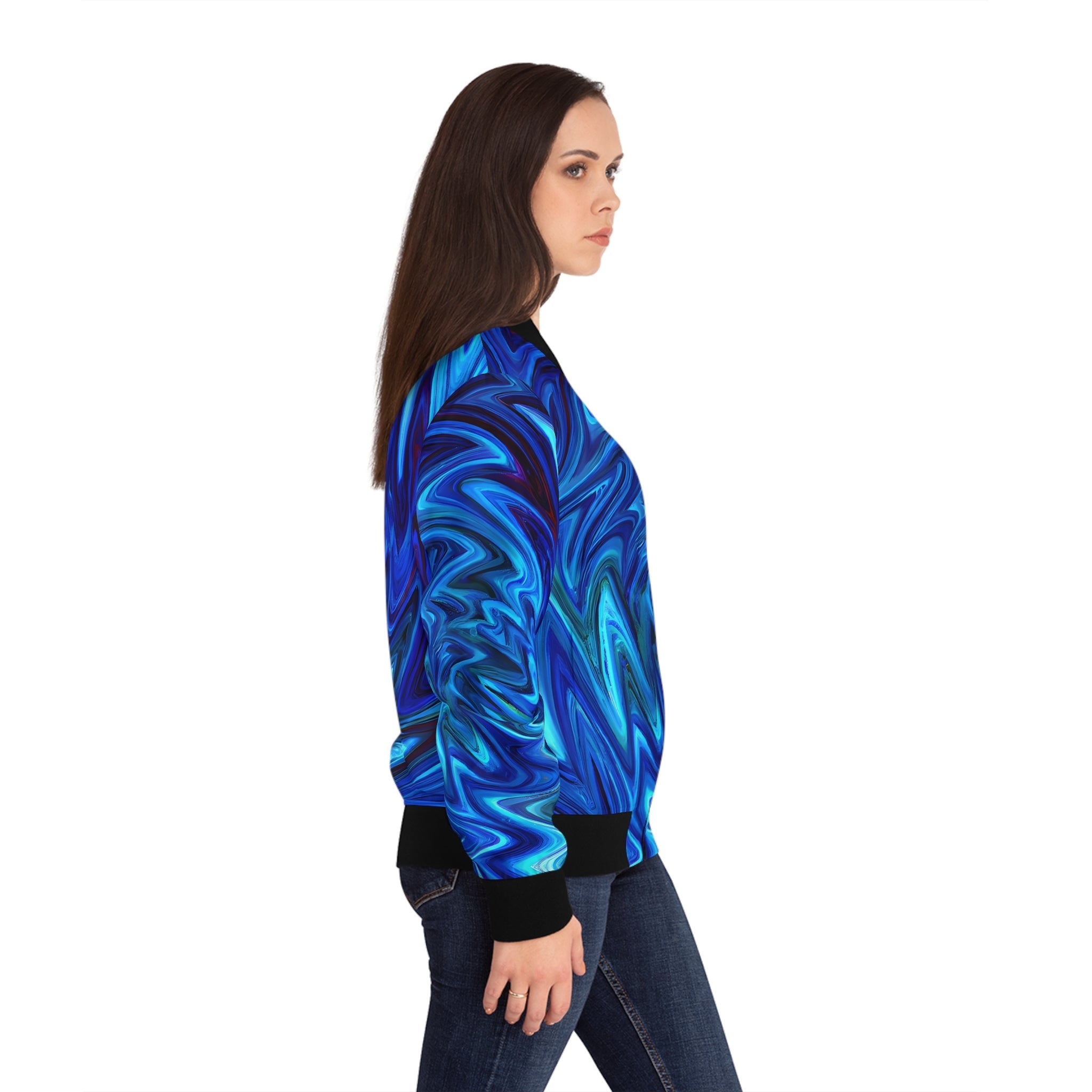 All Over Prints - Women's Vortex Blue Bomber Jacket - Acid Daddy