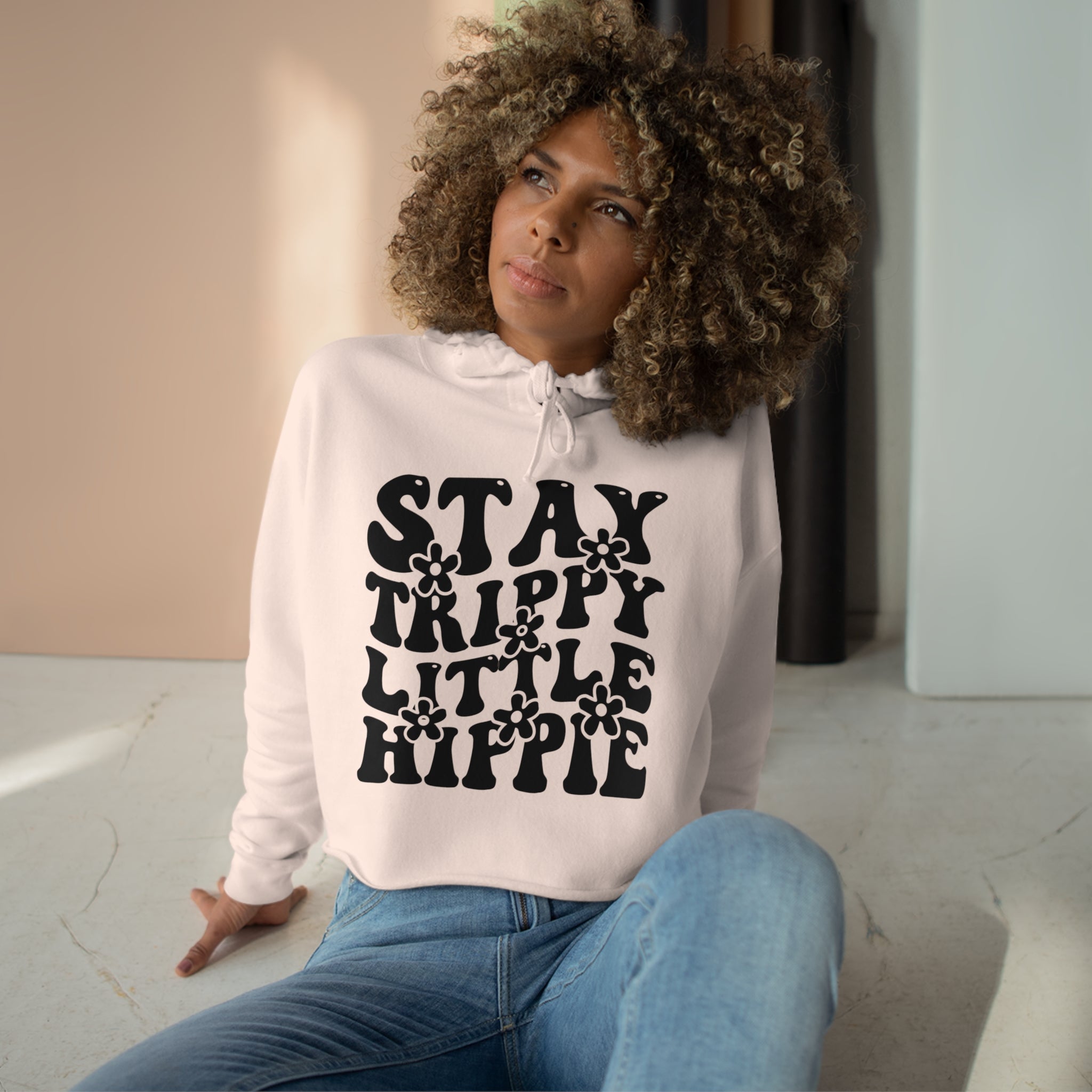 Crop Hoodies - Stay Trippy Little Flower Hippie Crop Hoodie (Front Print) - Acid Daddy