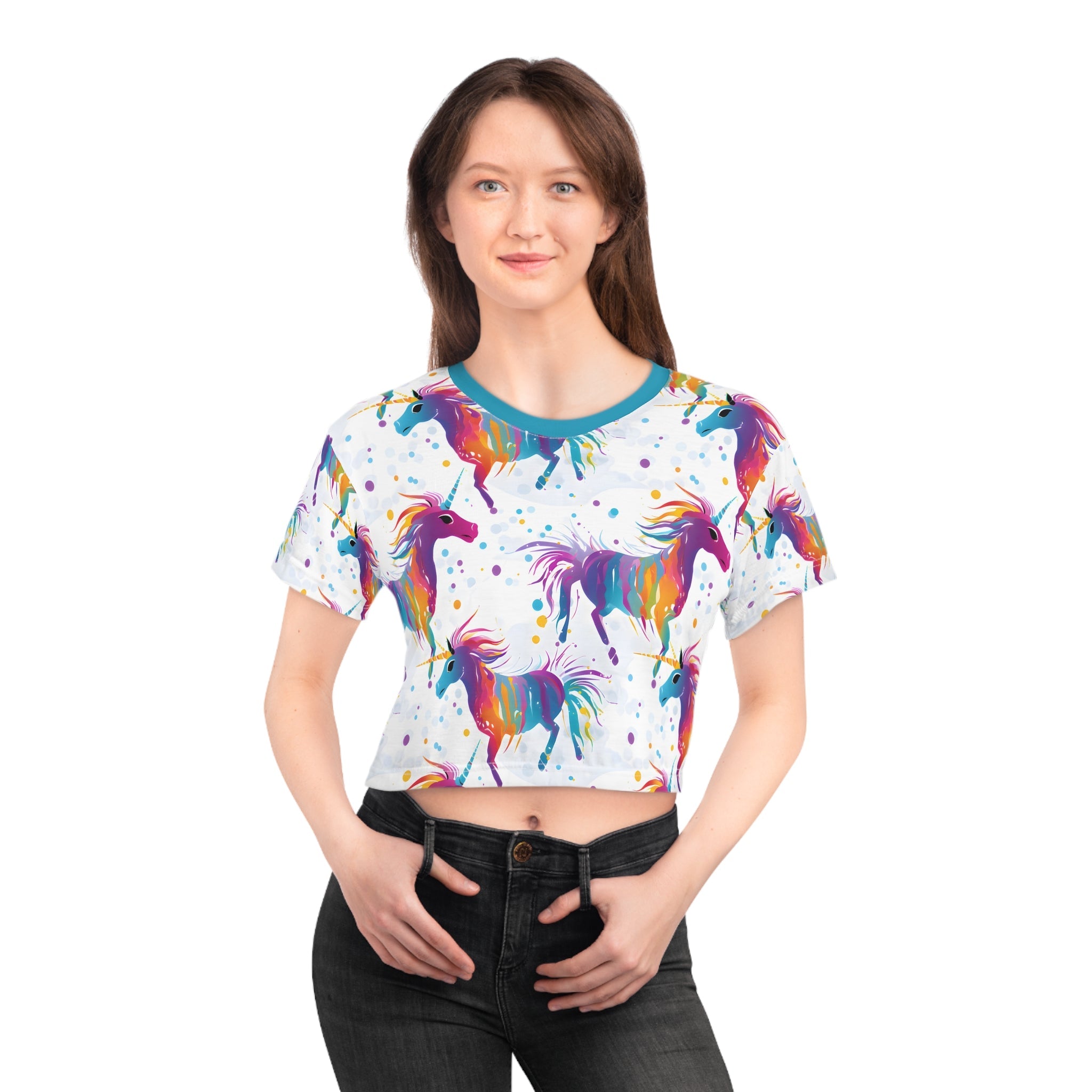 Crop Top Tees - Women's Rainbow Unicorn Princess Crop Top Tee - Acid Daddy