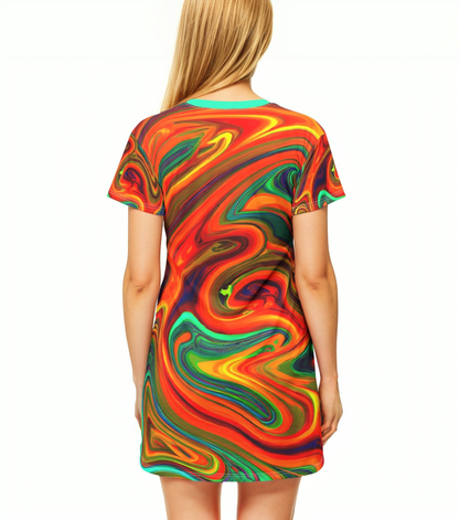 Festival Dresses - Women's Vibrant Trippy Orange T - Shirt Dress - Acid Daddy